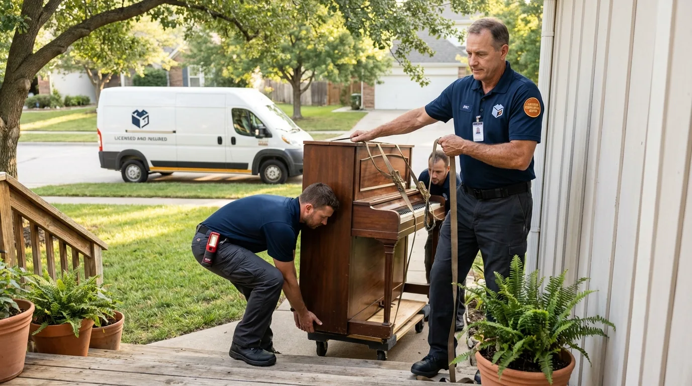 Licensed piano movers securing grand piano in Henderson, NV