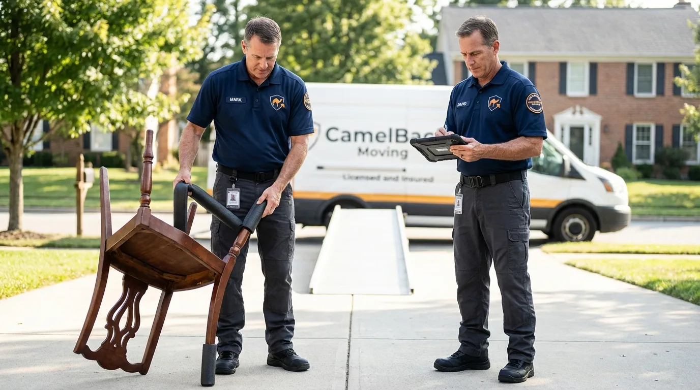 Movers inspecting furniture for damage prevention before loading in Henderson, NV