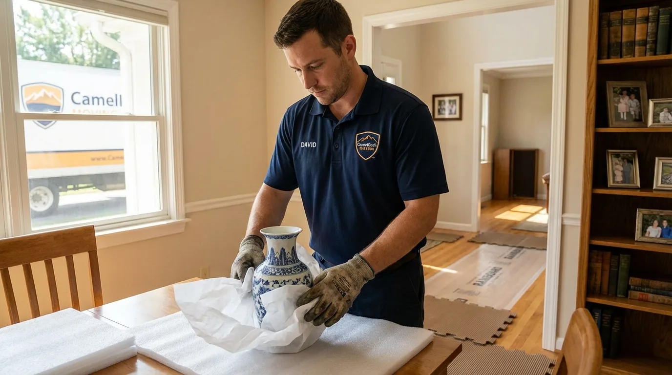 Professional crew carefully wrapping antique vase for senior downsizing move in Henderson, NV